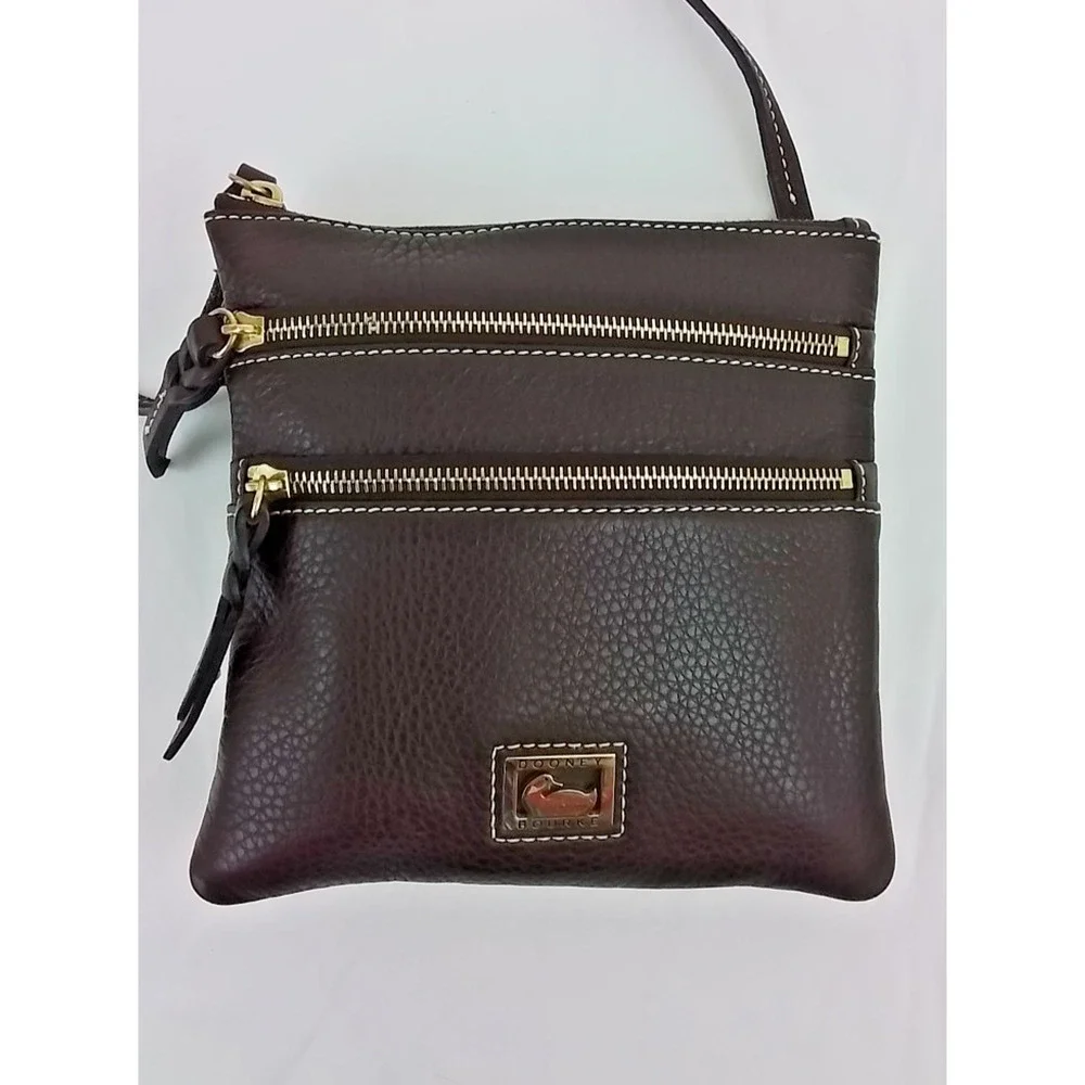 Dooney & Bourke Crossbody Leather Bag Brown + Gold Triple Zip Vintage #J3584